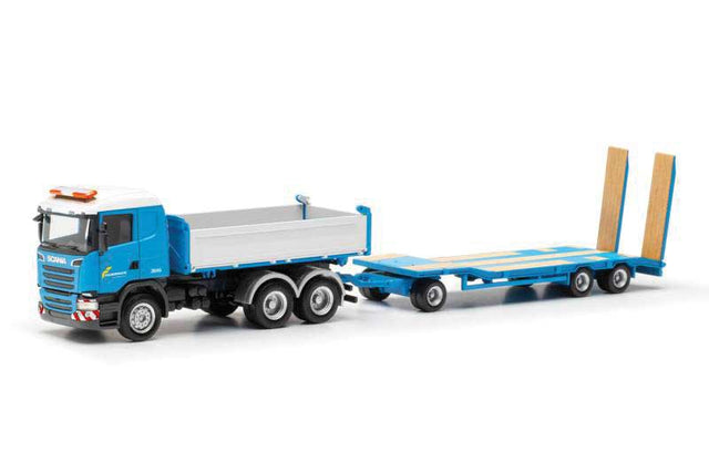 Scania R Dump Truck with Flatbed Trailer - Assembled -- Felbermayr (blue, white, German Lettering)