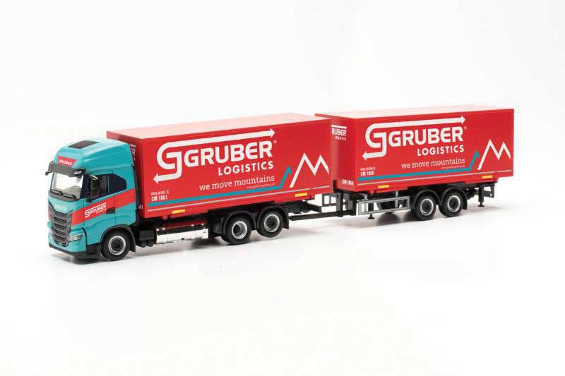 Iveco S-Way Box-Body Truck with Trailer - Assembled -- Gruber (green, red, German Lettering)