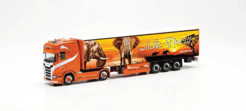 Scania CS 20 HD Tractor with Curtain Trailer - Assembled -- Ferntrans Haas (orange, yellow, Elephant Graphics, German Lettering)