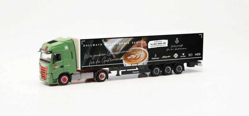 Iveco S-Way Tractor with Curtain Trailer - Assembled -- Wandt/Dallmayr (green, black, Coffee Graphics, German Lettering)