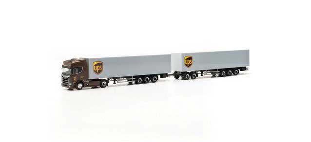 Scania CR 20 Tractor with Double Van Trailers - Assembled -- UPS (gray, brown)