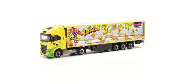 Iveco S-Way Tractor with Reefer Trailer - Assembled -- Kuchenmeister (yellow, green, gray, Koala Graphics, German Lettering)