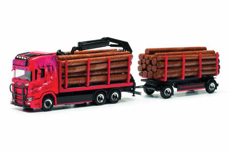 Scania CS20 HD Log Truck with Trailer, Crane & Load - Assembled -- Wurm Transporte (red, black, German Lettering)