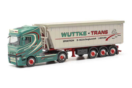 Renault T Tractor with Dump Trailer - Assembled -- Wutte Trans (white, green, red, German Lettering)