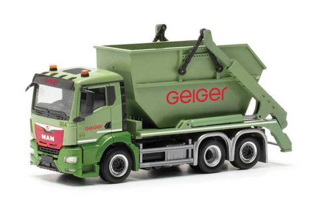 MAN TGS Ak16 Skip Loader Truck - Assembled -- Geiger (green, red, German Lettering)