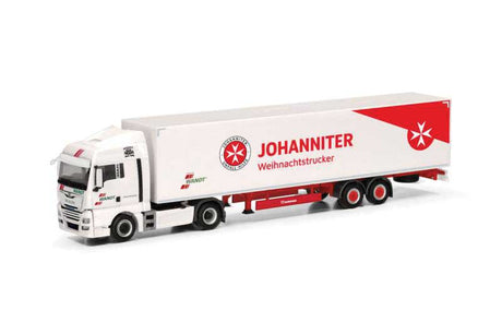 MAN TGX XLX Tractor with Van Trailer - Assembled -- Wandt Johanniter (Christmas Truck, white, red, German Lettering)