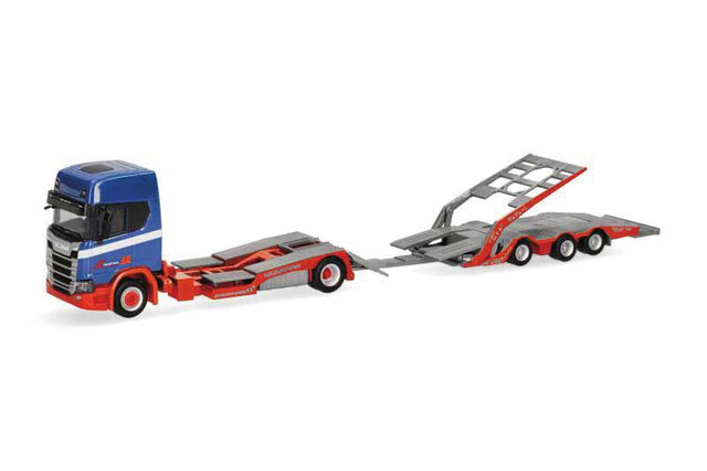 Scania CR 20 HD Tractor with truck Transport Trailer - Assembled -- Riwatrans (blue, white, red, German Lettering)