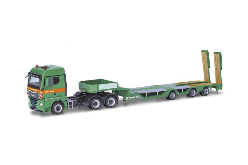 MAN TGX All-Rounder Tractor with Lowboy Trailer - Assembled -- Max Wild (green, orange, German lettering)