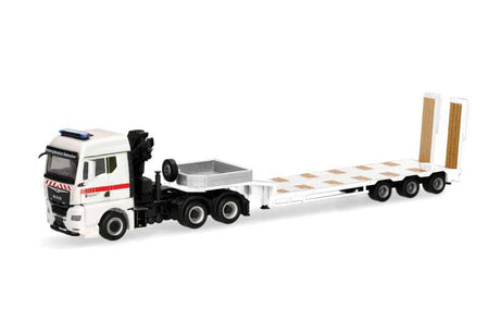 MAN TGX Tractor with Lowboy Trailer & Crane - Assembled -- Lower Saxony Disaster Relief (white, red)
