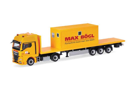 MAN TGX Tractor & Flatbed Trailer w/Office Container - Assembled -- Max Bogl (yellow, red, German Lettering)