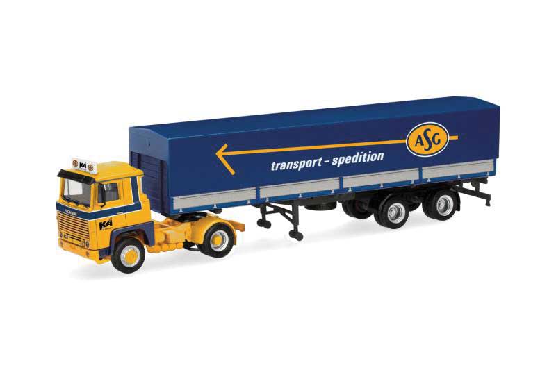 Scania 141 Tractor with Canvas Trailer - Assembled -- ASG (yellow, blue, German lettering)
