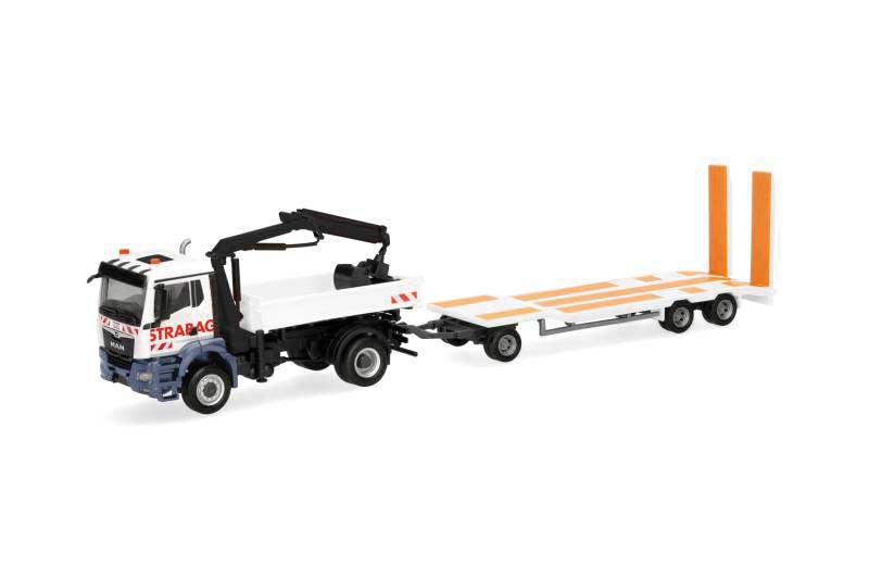 MAN TGS Dump Truck with Crane & Tu3 Trailer - Assembled -- Strabag (white, red, black, German Lettering)