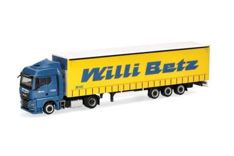 MAN TGX Tractor with Curtain Trailer - Assembled -- Willi Betz (blue, yellow, German Lettering)
