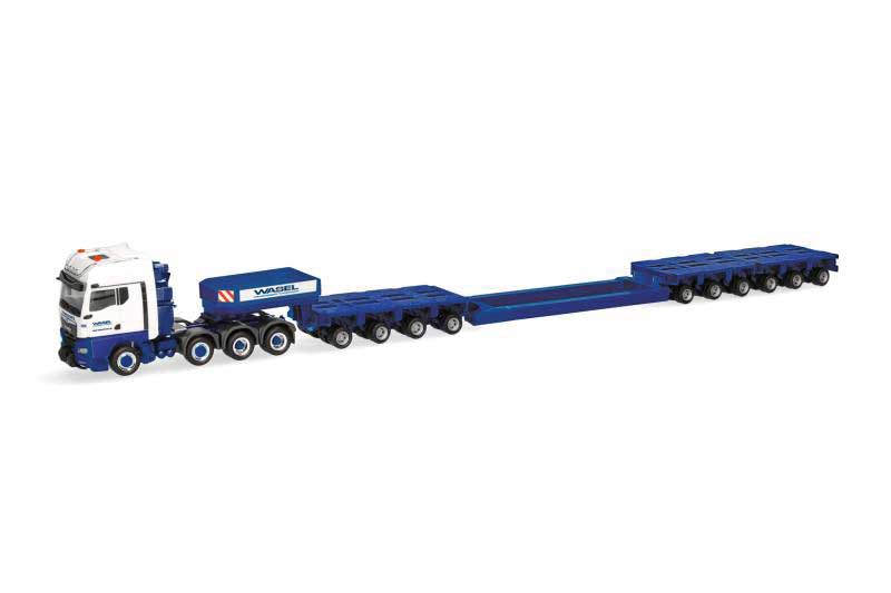 MAN TGX Tractor with Lowboy Trailer - Assembled -- Wasel (white, blue, red, German Lettering)