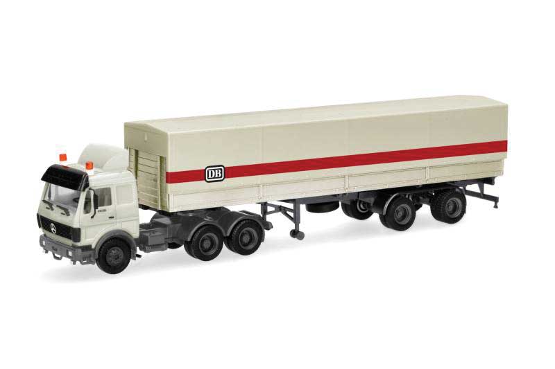Mercedes-Benz NVAS Tractor with Covered Low-Side Trailer - Assembled -- German Federal Railroad DB (white, gray, black, red, German Lettering)