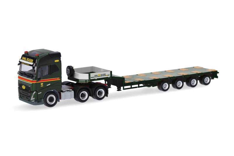 Volvo FH GL Tractor with Lowboy Trailer - Assembled -- Emil Egger (black, red, white, German Lettering)