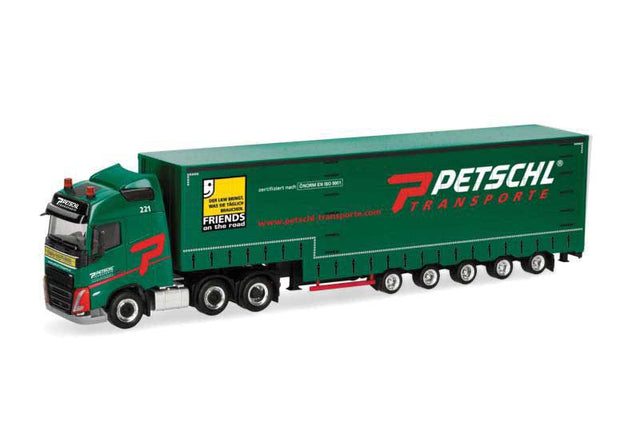 Volvo FH FL Tractor with Drop-Deck Curtain Trailer - Assembled -- Petschl (green, white, red, German Lettering)