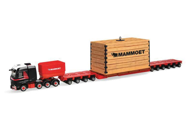 Mercedes-Benz Actros w/Lowboy Trailer & Crate Load - Assembled -- Mammoet (black, red, German Lettering)