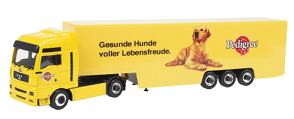 European Trucks - Tractor-Trailer - MAN TG-A XXL 2-Axle Cabover -- w/3-Axle Euro Box Trailer - Pedigree Dog Food w/Yellow Lab (yellow)