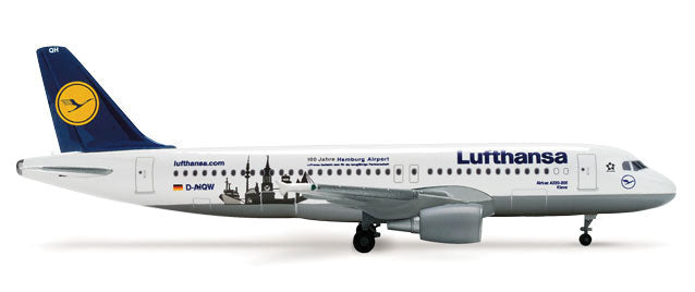 Herpa Wings Aircraft Airbus 320 - Assembled -- Lufthansa (Hamburg Airport 100th Anniversary white, blue, yellow)