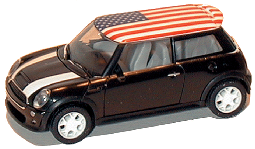 European Autombiles - Mini Cooper S 2-Door Hardtop -- USA w/American Flag on Roof, Silver Hood Stripes & Chrome Trim