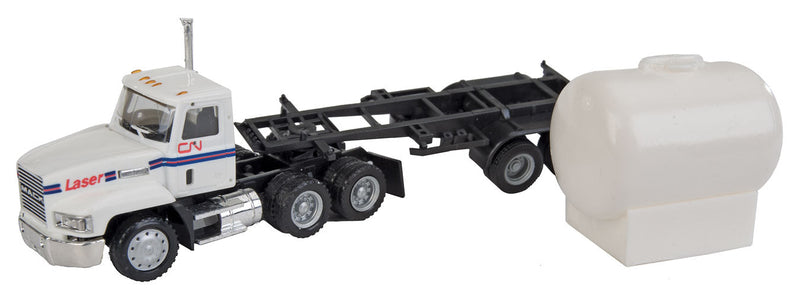 Mack Tractor w/Container Chassis & Loaded 20' Flat Container Load - Assembled -- Canadian National (white, red, blue; Laser Logo)