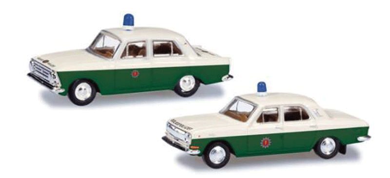 Moskovitch 408 & Volga M 24 Sedan Set - Assembled -- East German Police (green, white, German Lettering)