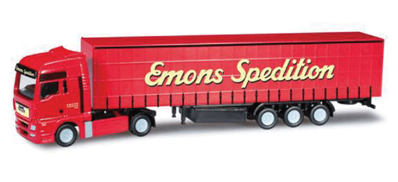 MAN TGX XXL Tractor w/Curtain-Wall Trailer - Assembled -- Emons (red, yellow, German Lettering)