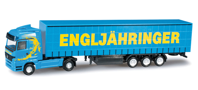 Mercedes Actros LH Tractor w/Curtain Semi Trailer - Assembled -- Engljaehringer (blue, yellow, German Billboard Lettering)