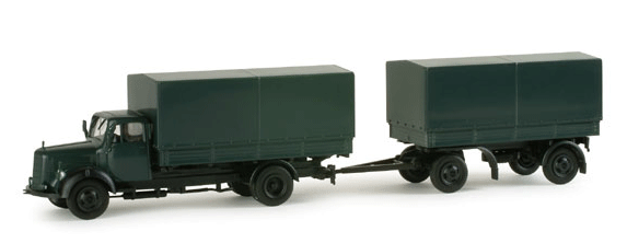 Herpa Military German Border Police Medium Trucks -- Mercedes Benz L311 Covered Flatbed & 2-Axle Trailer