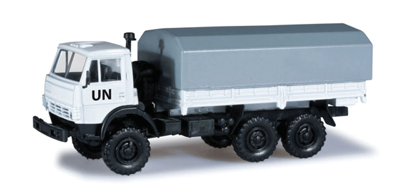 Kamaz 5320 Low-Side Truck w/Tarp Cover - Assembled -- United Nations (white, black, gray)