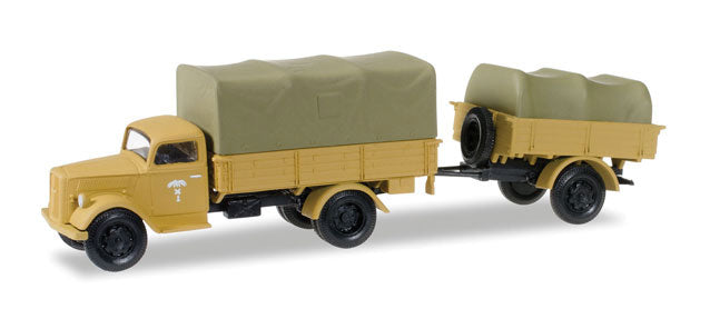 Opel Blitz Low-Side Truck w/Trailer - Assembled -- German Army (Africa Corps, sand beige, German Lettering)