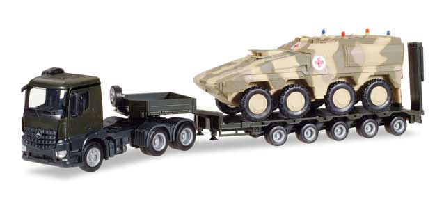 Mercedes-Benz Arocs Tractor, Lowboy Trailer, Boxer  Vehicle Load - Assembled -- Black