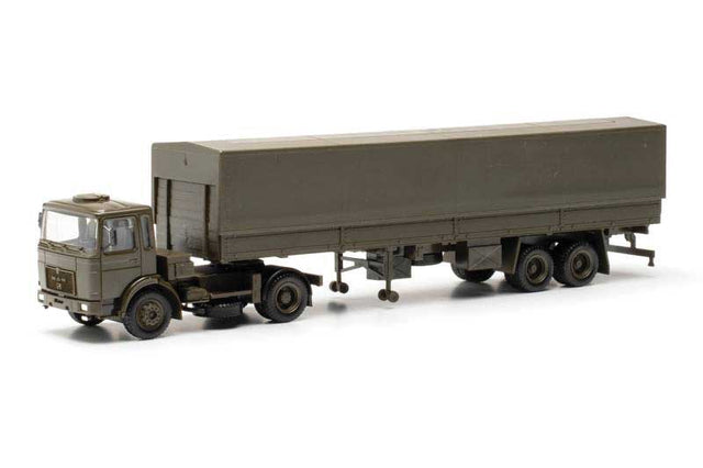 MAN F8 Tractor with Low-Side Trailer and Canvas Cover - Assembled -- Green