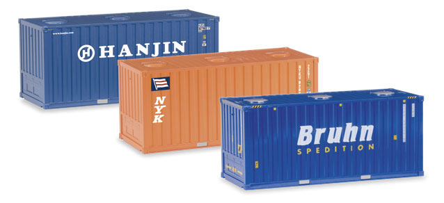 20' Corrugated Container 3-Pack - Assembled -- Hanjin (blue), NYK (orange) & Bruhn (blue)