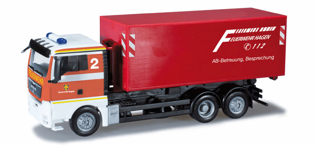 MAN TGX XL w/Roll-Off Container  - Assembled -- Hagen Germany, Fire Department (red, orange, white, German Lettering)