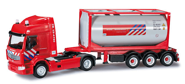 Renault Premium Water Supply Semi w/Tank Container on Chassis - Assembled -- Dutch Fire Departments (red, blue, gray, white, Dutch Lettering)