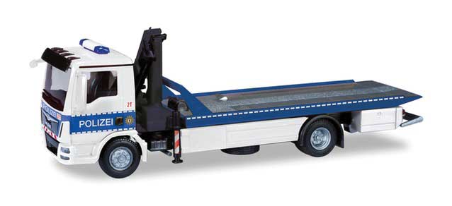 MAN TGM Flatbed Wrecker with Crane - Assembled -- Police (white, blue, German Lettering)
