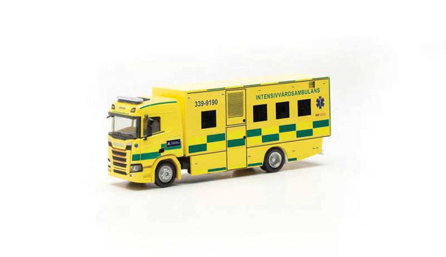 Scania CR ND Box Truck Ambulance - Assembled -- Yellow, Green (Norsk Lettering)