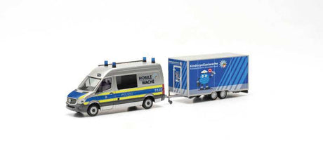 Mercedes-Benz Sprinter Passenger Van with Box Trailer - Assembled -- Police (silver, blue, yellow, German Lettering)