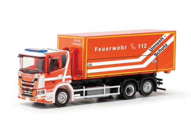 Scania CG17 Roll-Off Box Truck - Assembled -- Fire Department (orange, white, German Lettering)