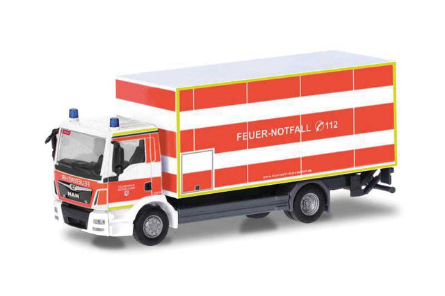 MAN TGM Box Truck w/Loading Platform - Assembled -- Fire Department (orange, white, yellow, German Lettering)