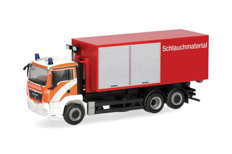 MAN TGS Roll-Off Fire Truck - Assembled -- Fire Department (red, orange, white, black, silver, German Lettering)