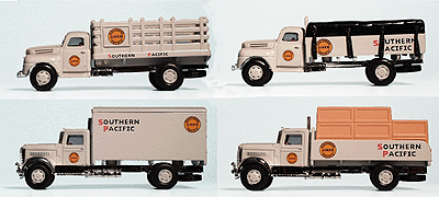 Ford & Peterbilt 4 Truck Set (Stake, Flatbed w/Tarp, Flatbed w/Load & Box Va -- Southern Pacific