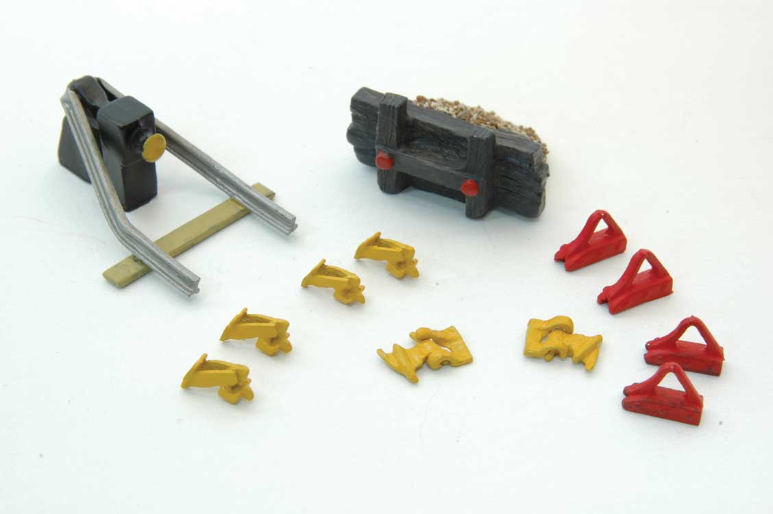 Wheel-Railcar Stops & Derail Detail Set -- 12 Pieces (Unpainted)