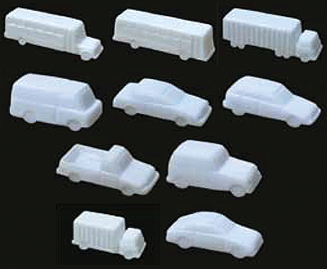 Vehicle Set - Unpainted White Styrene -- Set of 10 Assorted Buses, Trucks & Cars