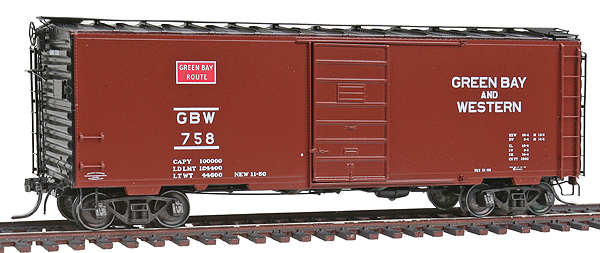 40' PS-1 Boxcar w/6' Younstown Door w/HGC Trucks - Ready to Run -- Green Bay and Western #758 (Boxcar Red, black, red)