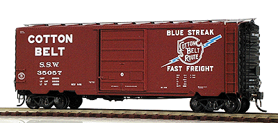 40' Post 1954 PS-1 Boxcar w/8'6 Panel Superior Door -- Cotton Belt (Blue Streak) (Dark Boxcar Red)