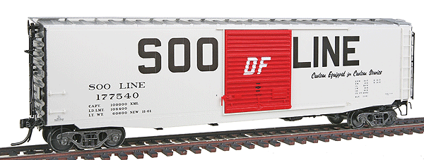 50' PS-1 Boxcar w/9' Youngstown Door Assembled -- Soo #177540 (Soo Line White, Galvanized Roof, Black Ends)