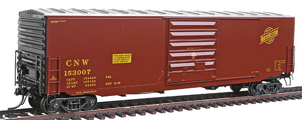 50' PS-1 Boxcar w/10' Youngstown Door - Assembled -- Chicago & North Western #153007  (Boxcar Red, galvanized roof, black ends)